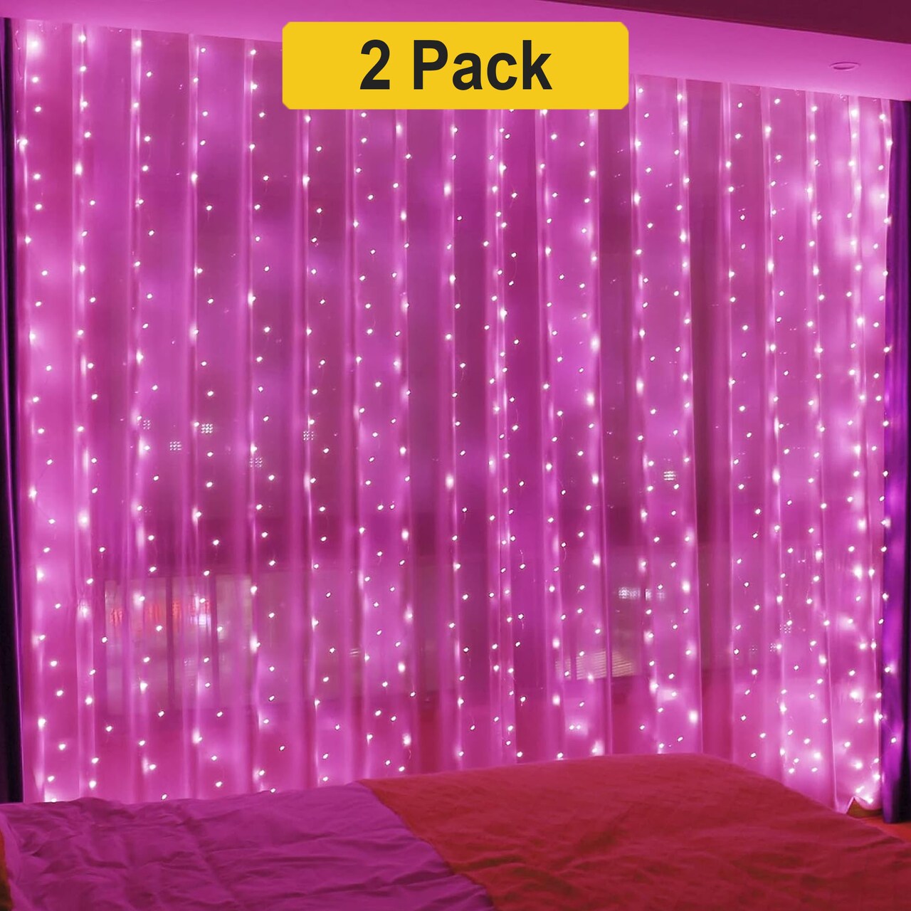 300 LED Twinkling Curtain Lights — 12 Strands, 8 Modes, Plug-In